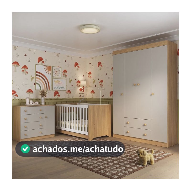 Quarto de Bebê Completo Berço Americano 3 em 1 Encanto Multimóveis MP4581 Madeirado/Off White