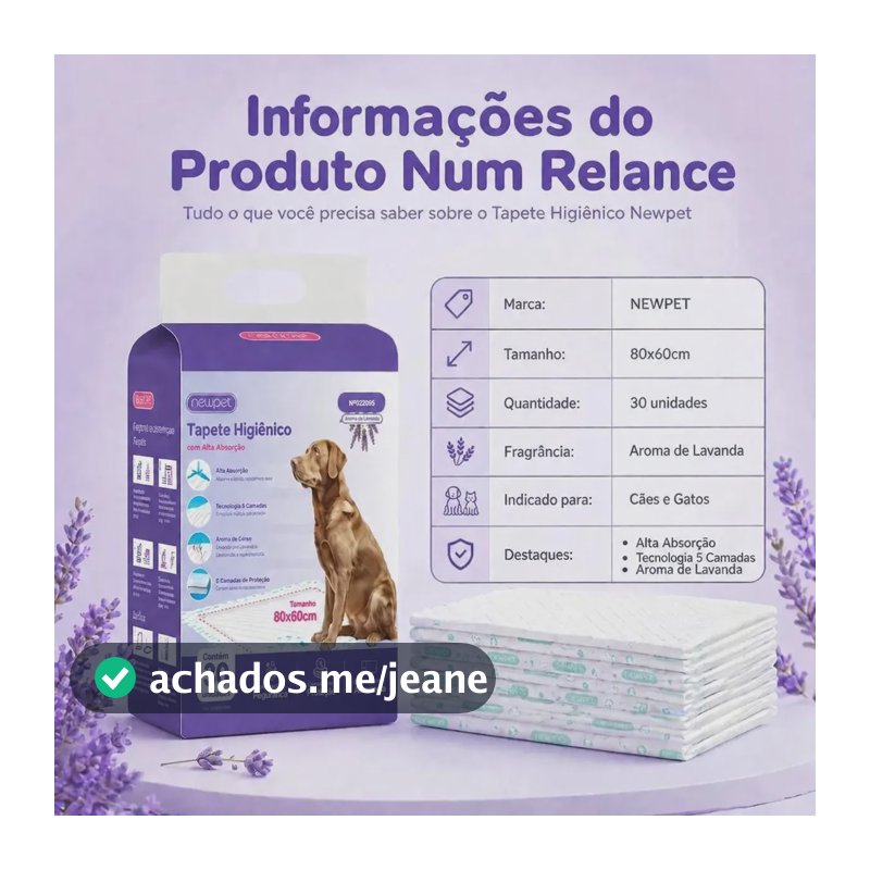 Newpet Fralda Pet 80x60cm 30un com Aroma Lavanda, Tapete Higiênico Descartável Com Gel Absorvente E Borda Anti Vazamento, Mantém Sua Casa Limpa E Seca Roxo