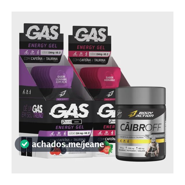 2x Gas Energy Gel Energético 20 Sachês + Cãibroff Bodyaction Sabor Guaraná com Açaí/Morango