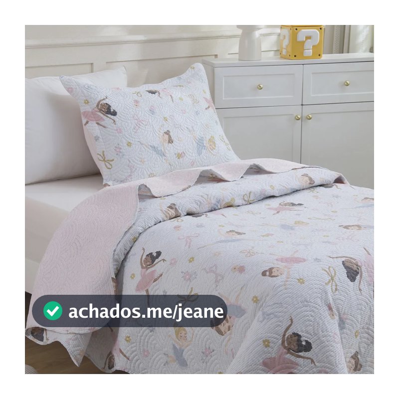 Kit Cobre Leito Colcha Solteiro Infantil 2 Peças Boutis Dupla Face Porta Travesseiro Aba Americana Bailarina Rosa