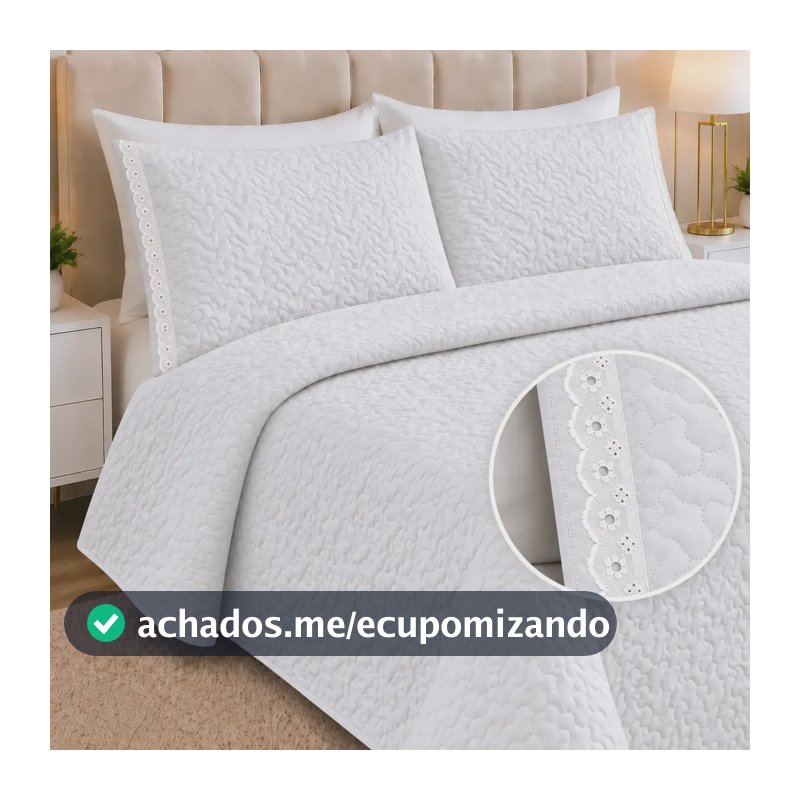Kit Cobre Leito Casal Dupla Face Colcha 3 Peças 200 Fios Branco