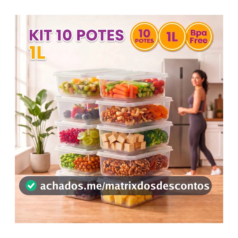 Kit 10 Potes 1 Litro Transparente Marmita Fitness Bpa Free Tampa Hermética Reutilizável Micro E Freezer Mantimentos ponte lar utilidades