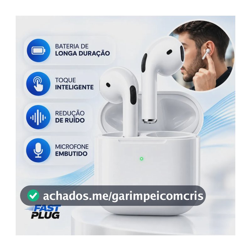 Fone De Ouvido Bluetooth Bateria de Longa Duração Pro 4 Branco Conecta Rápido Com Case Carregador E Microfone Fast Plug