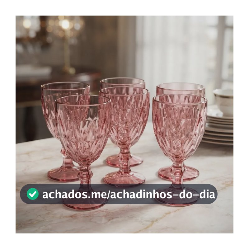 Jogo De 6 Taças Diamante Copo Vidro 330ml Agua Vinho Rosa