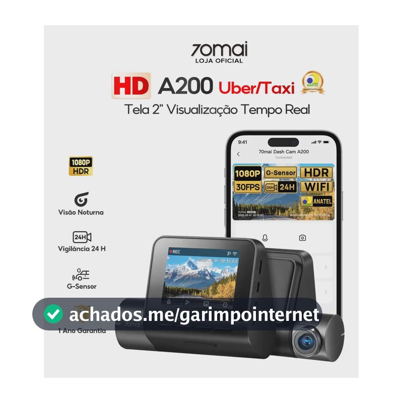 Câmera Veicular Automotiva 70mai A200 2'' Tela HD 1080P Hdr Wifi 60fps Ângulo 130 Camera para Carro 24h Visão Noturna com App G-sensor Vigilância de Estacionamento 24H Gravação de Emergência