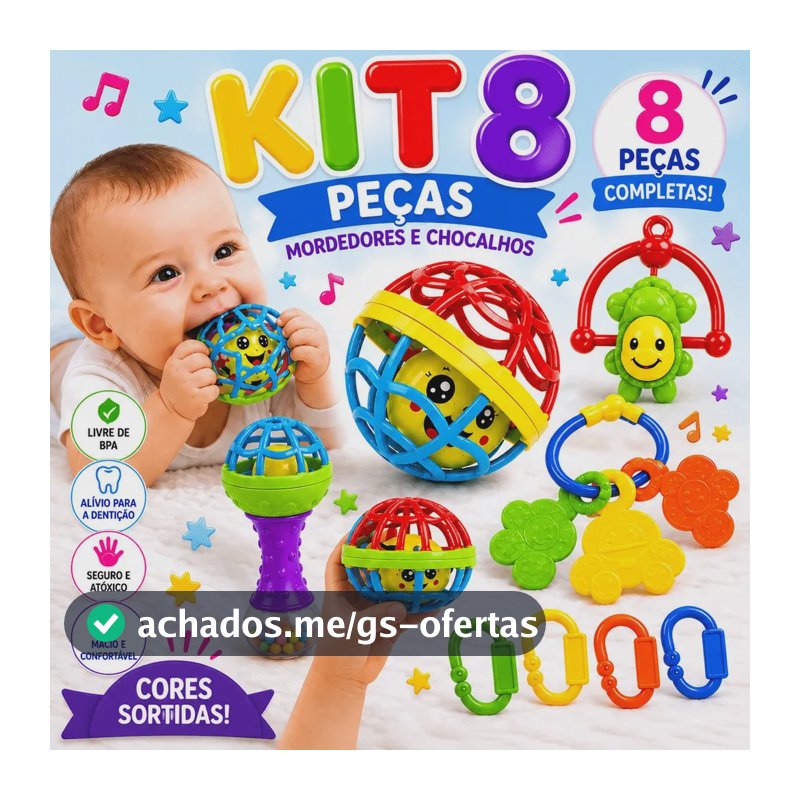 Kit Mordedor para Bebê brinquedo Sensorial Silicone com Chocalho 8 Peças Coloridas