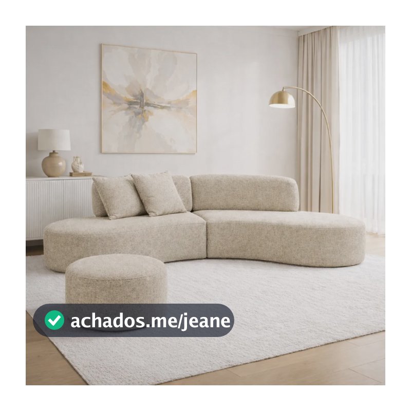 Sofá Virgínia Curvo 2m Bouclé Com Puff Sala Confortável Bege Liso