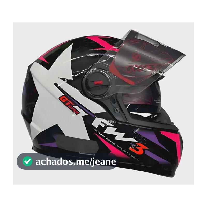 Capacete Fw3 Gtx Star Preto/lilás E Rosa Com Óculos Interno Preto, Lilás E Rosa Lisa Brilhante 57/58