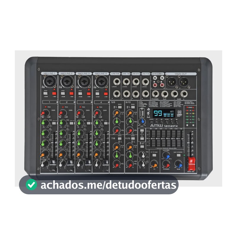 Amw 1202fx V2 Mesa De Som Avançada 12 Canais 99 Efx Player Bt Rec Interface De Áudio Usb 2x2 Saída P/ Subwoofer Com Crossover