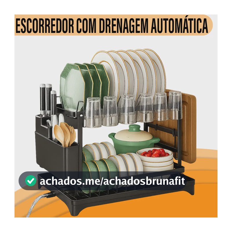 Escorredor de Louça Yab Organizador de Pia para Cozinha Gourmet, Preto em Aço, com 2 Andares, Bandeja Coletora e Porta-talheres