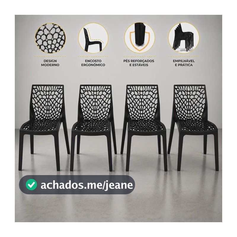 Kit 4 Cadeiras Gruvyer Pretas Moderna e Ergonômica Para Interiores e Exteriores