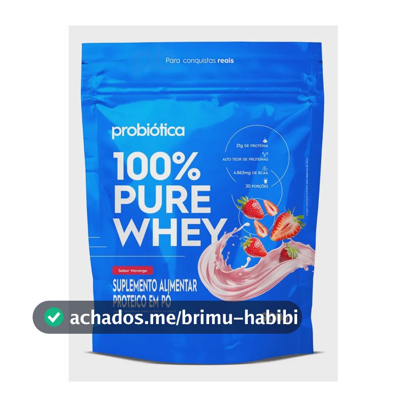 100% Pure Whey Refil 900g Whey Concentrado Probiótica Sabor Iogurte Com Morango