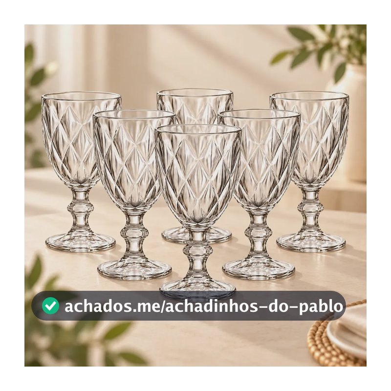 Jogo 6 Taças Vidro Domus Diamond 340ml Transparente Vinho Água