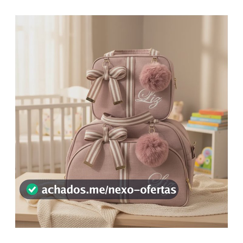 Bolsas  Maternidade Média E Pequena Personalizada Com Nome Rose Linho