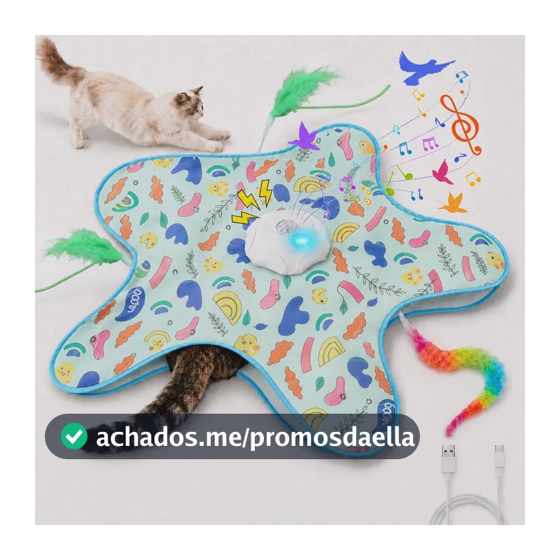 Brinquedo Interativo para Gato Fallove Rato com Som e Penas, Kit Recarregável USB