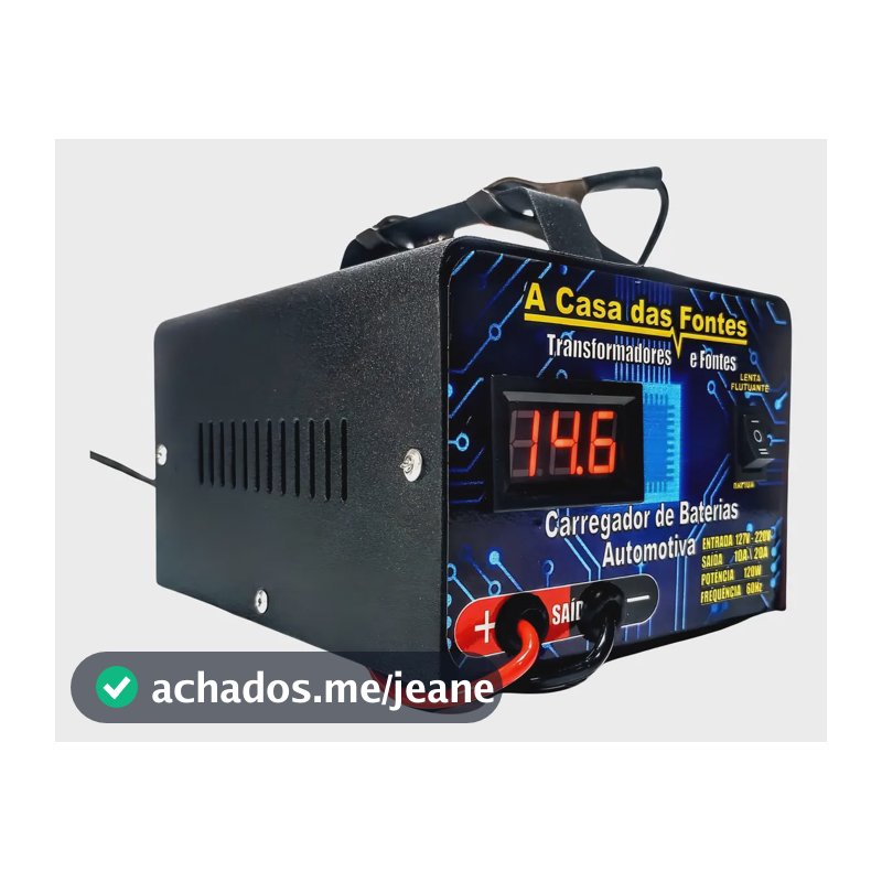 Carregador de Bateria Portátil Bivolt 12V 20A para Carro, Moto e Caminhão com Voltímetro