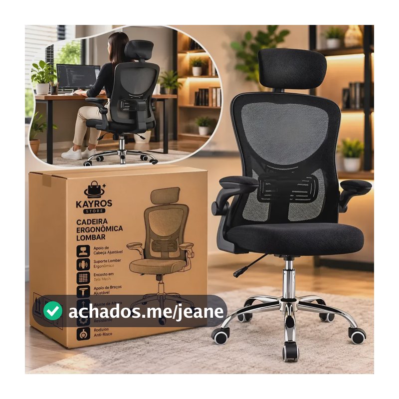 Cadeira Escritorio Ergonomica Apoio Lombar Office Mesh Preto Tecido Mesh