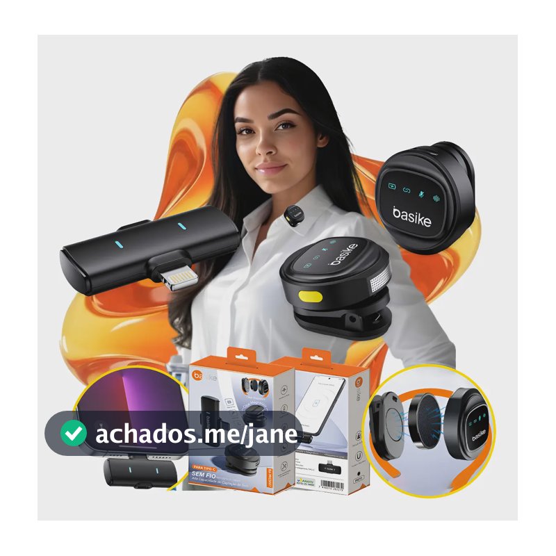 Microfone Lapela Duplo Magnético Sem Fio Basike Para iPhone e Tipo C, Profissional Com Redução de Ruído