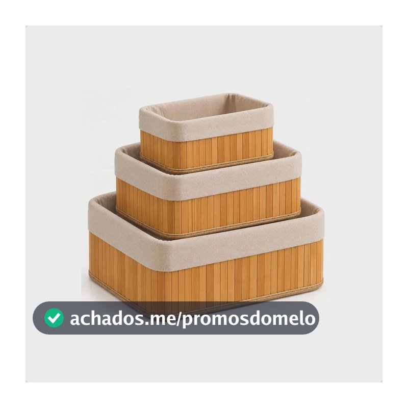 Kit 3 Cestos Organizadores de Bambu Retangulares com Forro para Casa e Banheiro