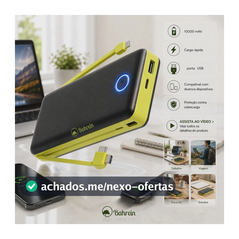 Power Bank 10000mah Carregador Portátil Turbo Rápido Universal Celular - Melhor Carregador Portátil Compatível Com iPhone Notebook Relógios Android Mac Ios Samsung Apple 10000mah - Marca Bahrein
