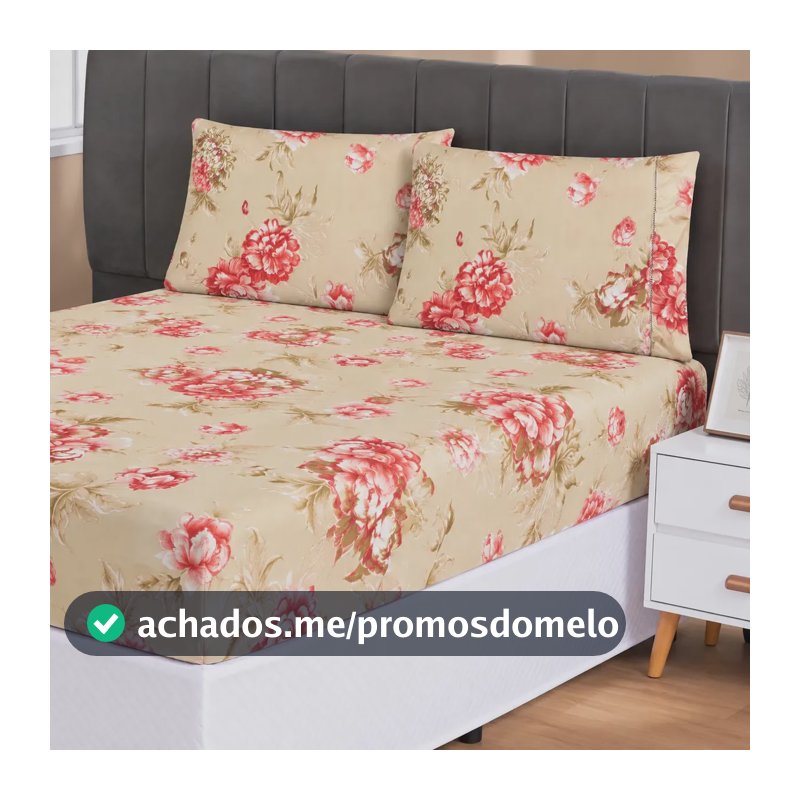 Jogo Lençol Casal 3pç 400 Fios Hipercal Conforto Macio Rosas Dourado Estampado