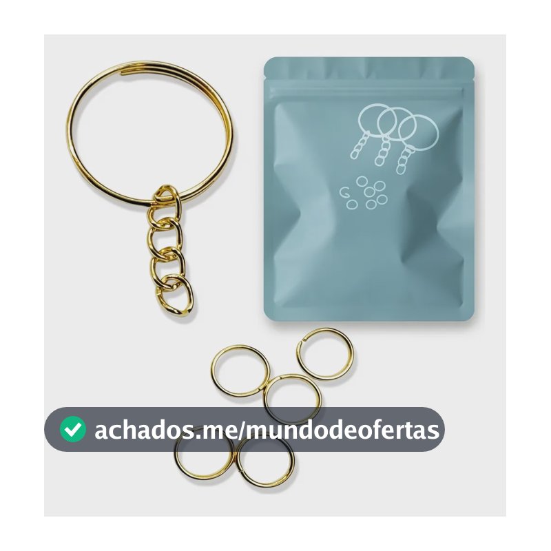 Argola Chaveiro 20mm C/ Corrente + Elo Dourado 1000 Peças