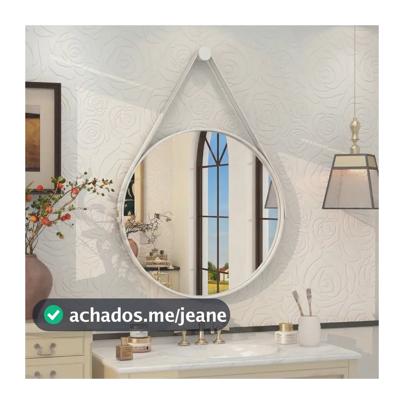 Espelho Redondo 60cm Adnet Alça de Couro Branco Dupla Costura e Suporte em Alumínio Quarto, Banheiro, Sala MF901