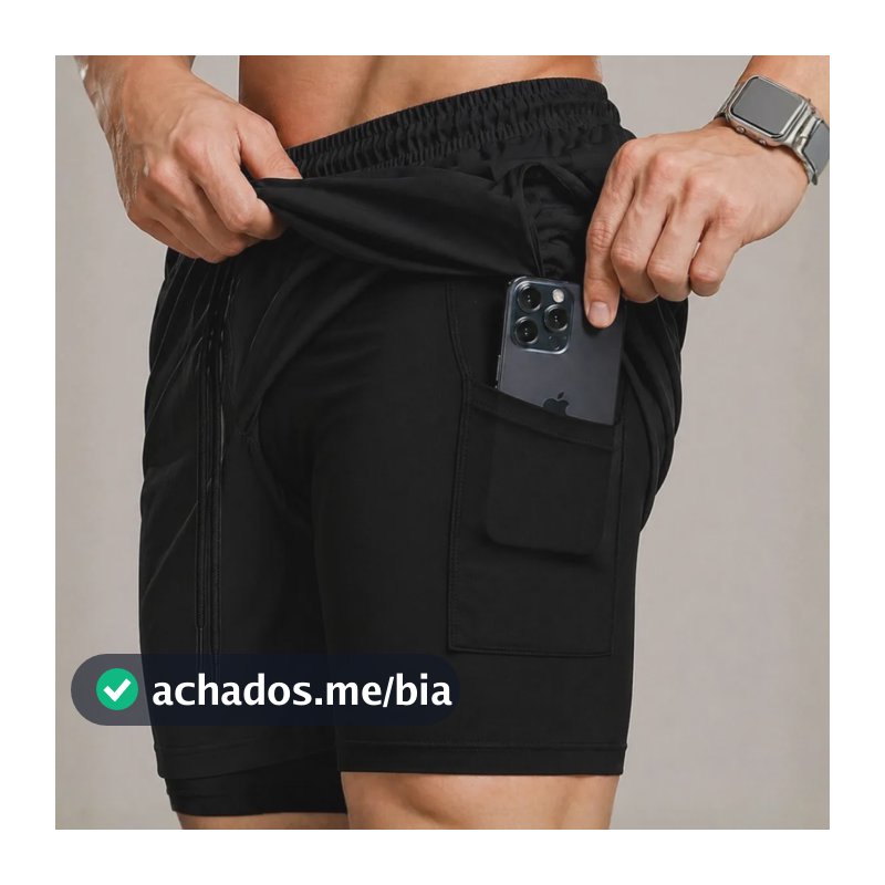 Bermuda Compressão Duplo Masculina 2 Em 1 Short Academia Preto Liso G