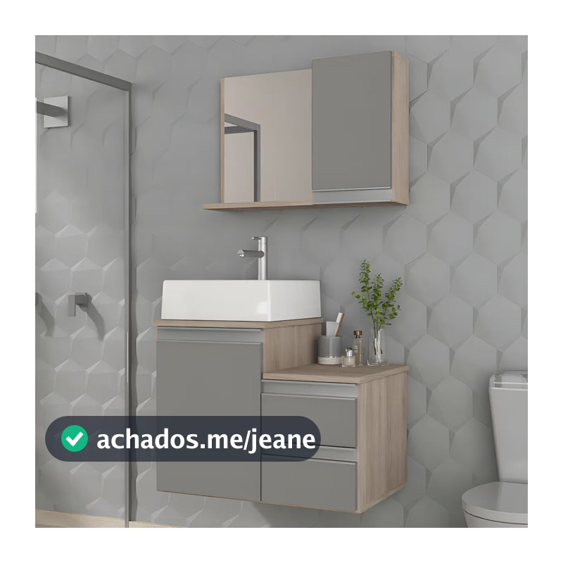 Kit Gabinete Banheiro - Armário+cuba+espelheira Cross 60cm Móvel Madeirado/cinza