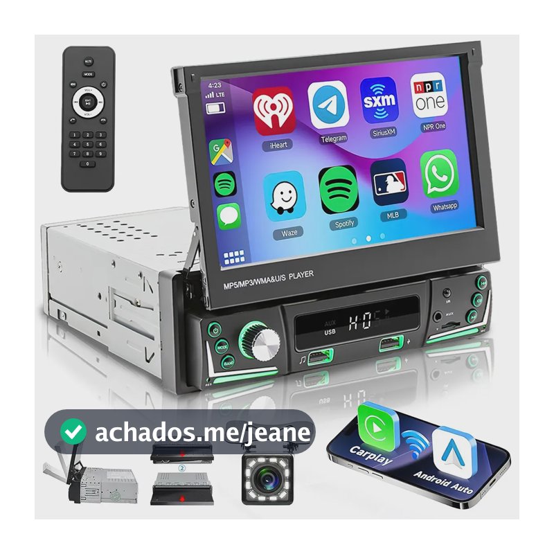 Central Multimídia Universal Automotiva 7 Ips Touch 1 din Android Carplay Espelha Bluetooth Usb Aux Luzes Néon Com Câmera