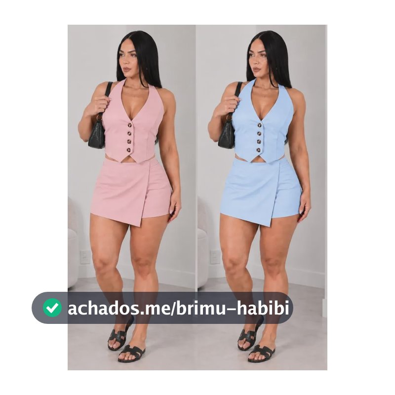 Kit 2 Conjuntos Alfaiataria Colete E Short Saia Elegante Ful Rosa / Azul Lisa M