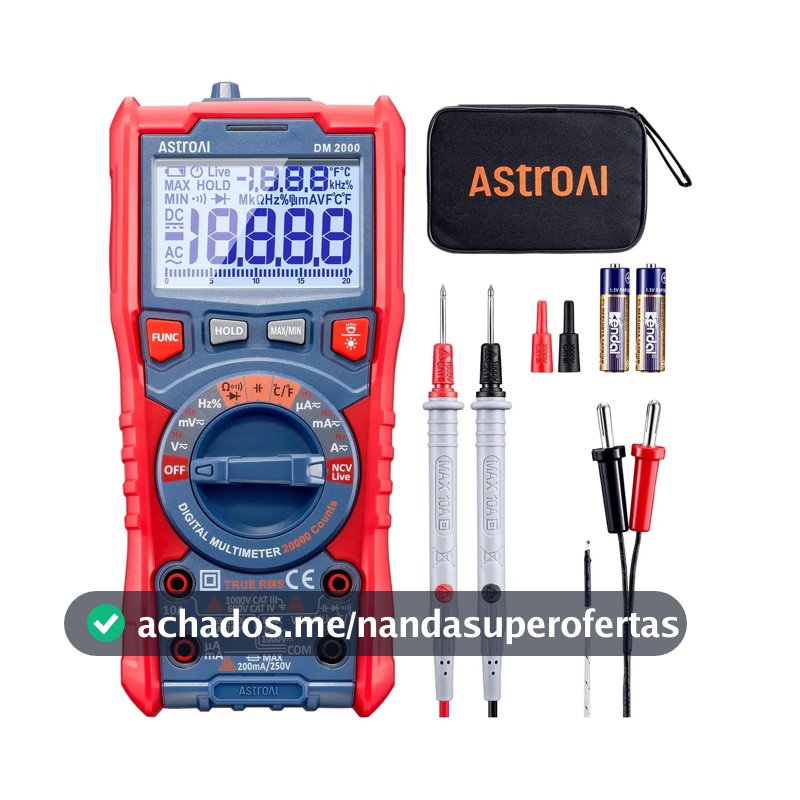 Multimetro profissional capacimetro digital automatico AstroAI TRMS 20000 com voltímetro de faixa automática de alta resolução;mede com precisão tensão,corrente,resistência,diodos,continuidade