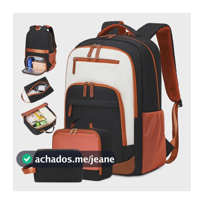 Kit Mochila 3 Peças Impermeável Bolsa Térmica Laptop Unissex Caramelo Liso Multicolor