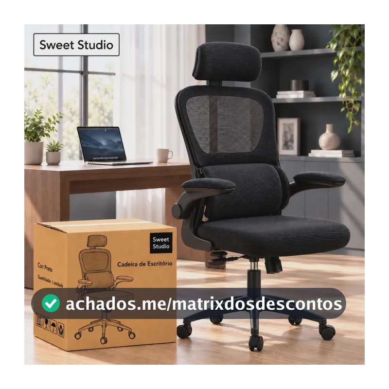 Cadeira Sweet Studio Escritório Ergonômica Giratória Preto Com Apoio Lombar e Apoio de cabeça