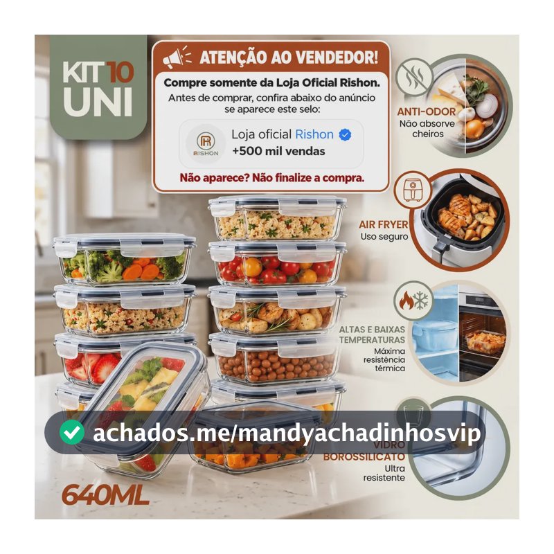 Kit 10 Potes Vidro Hermetico Vai Ao Forno Microondas 640ml Marmita Hermético Freezer Fitness Rishon