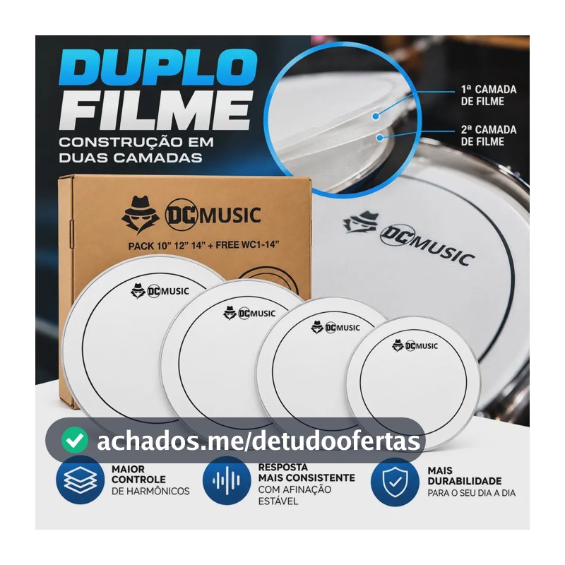 Kit 4 Peles para Bateria DC Music Duplo Filme 10 12 14 Polegadas + Pele de Caixa 14, Jogo de Peles Brancas para Tons, Surdo e Caixa