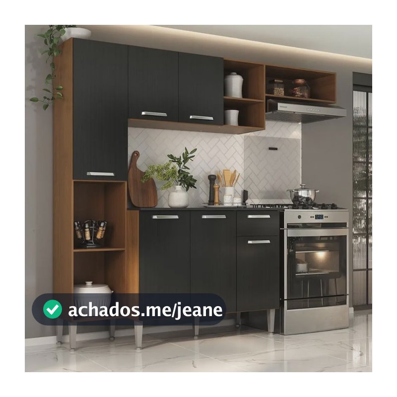 Armário De Cozinha Compacta Smart Multimóveis Mp2220 Cor Madeirado/Preto