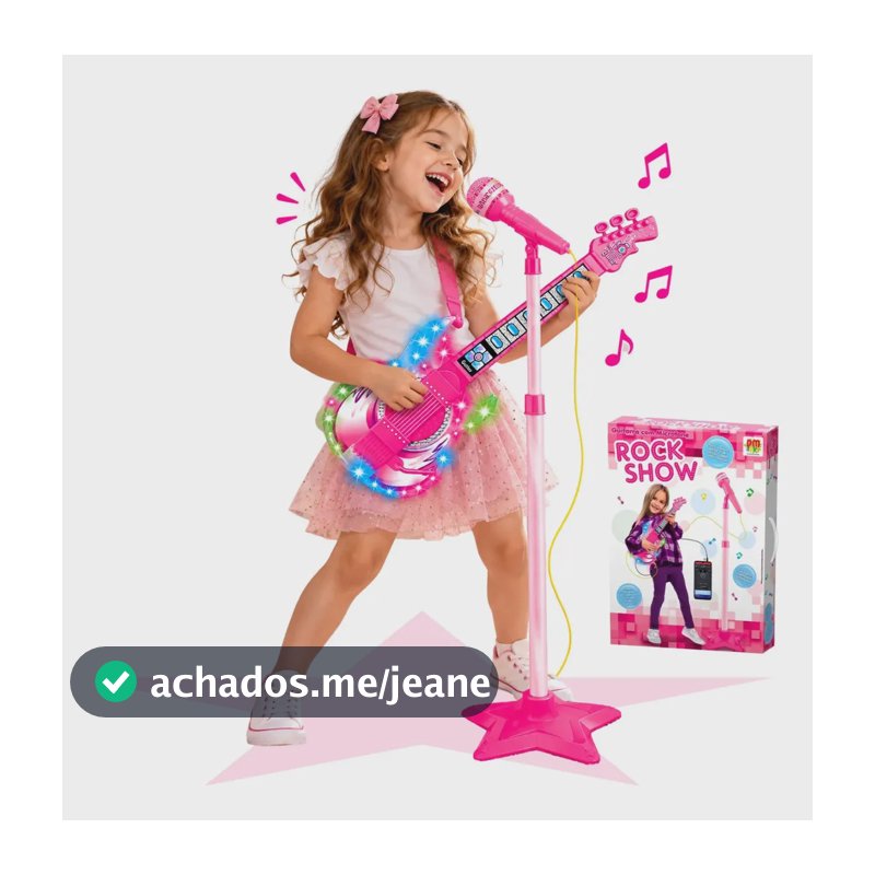 Guitarra E Microfone Infantil Rosa Com Som E Luz Meninas