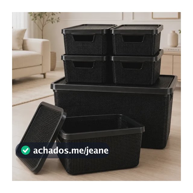 Kit 6 Caixas Organizadoras Cesto Tampa Multiuso 2l 6l 16l Preto Jutta