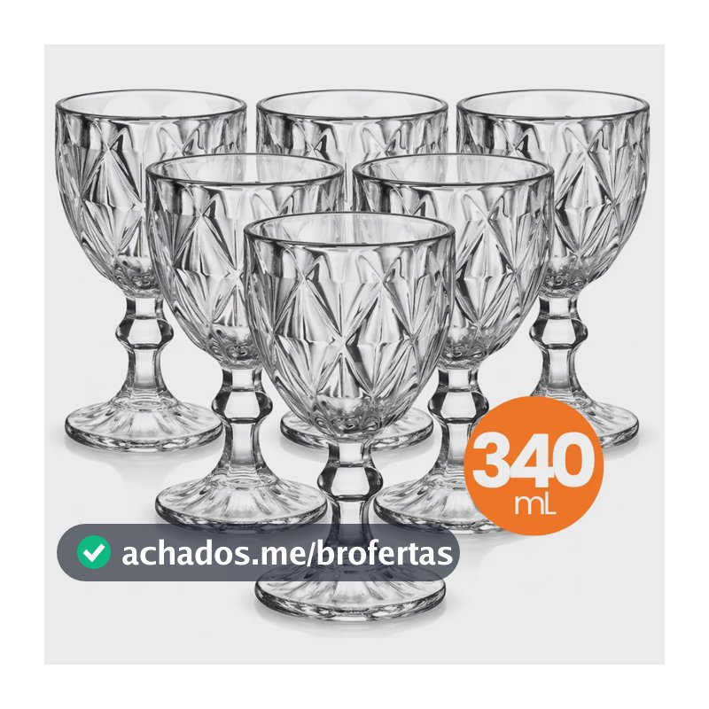 Jogo 6 Taças Vidro Diamond 340ml Conjunto Mesa Posta Água Suco Cozinha Decoração Presente