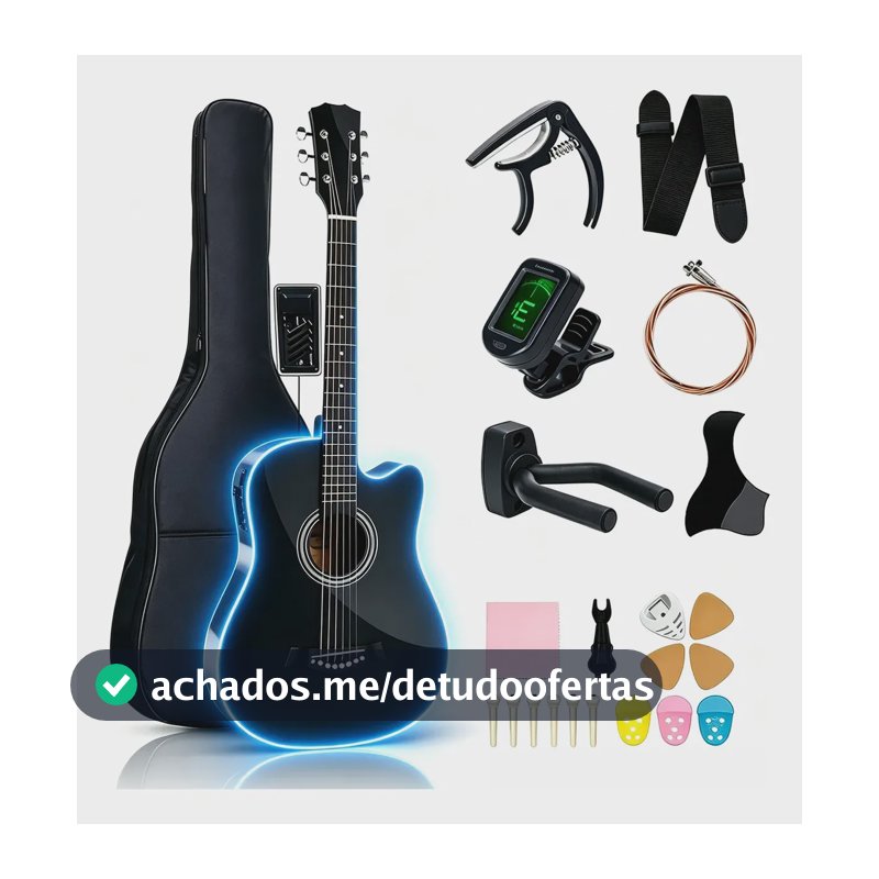 Kit Violão Eletroacústico Iniciante C/ Afinador E Acessórios Preto Ambidestro Cordas De Cobre