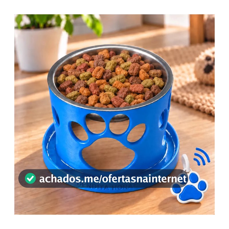 Comedouro Bebedouro Pet Elevado para Cachorro Cães Gato Gatos com Tigela Inox Anti Formiga Pote para Ração e Água 200ml Azul Identificação NFC Bendita Hora