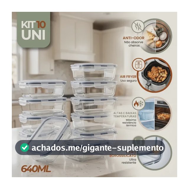 Kit 10 Pote De Vidro Marmita Hermético 640ml Freezer Fitness Rishon
