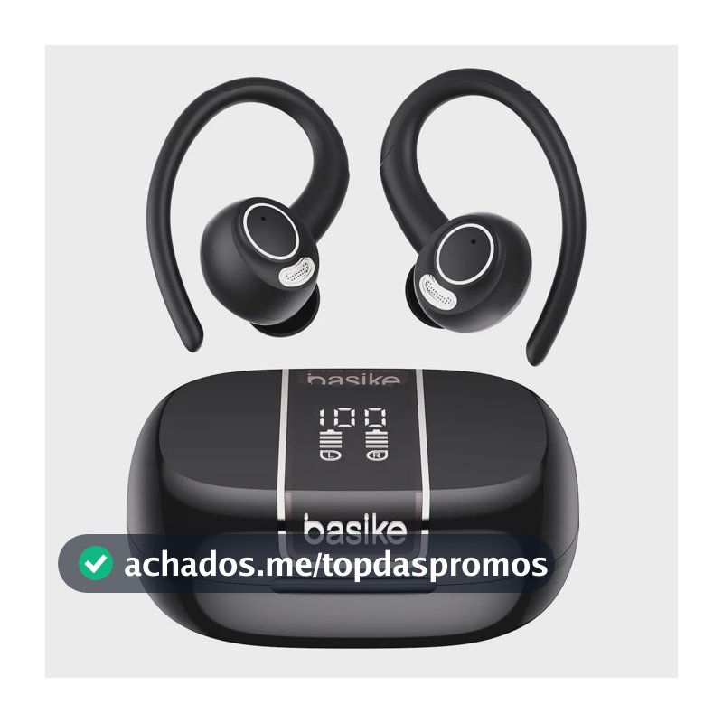 Fone de Ouvido Bluetooth Basike TWS Esportivo Com Cancelamento de Ruído e Gancho IPX4