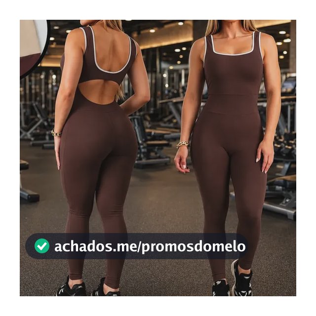 Macacão Academia Longo Forrado Bicolor Com Costas Abertas Marrom M (36 Ao 40)