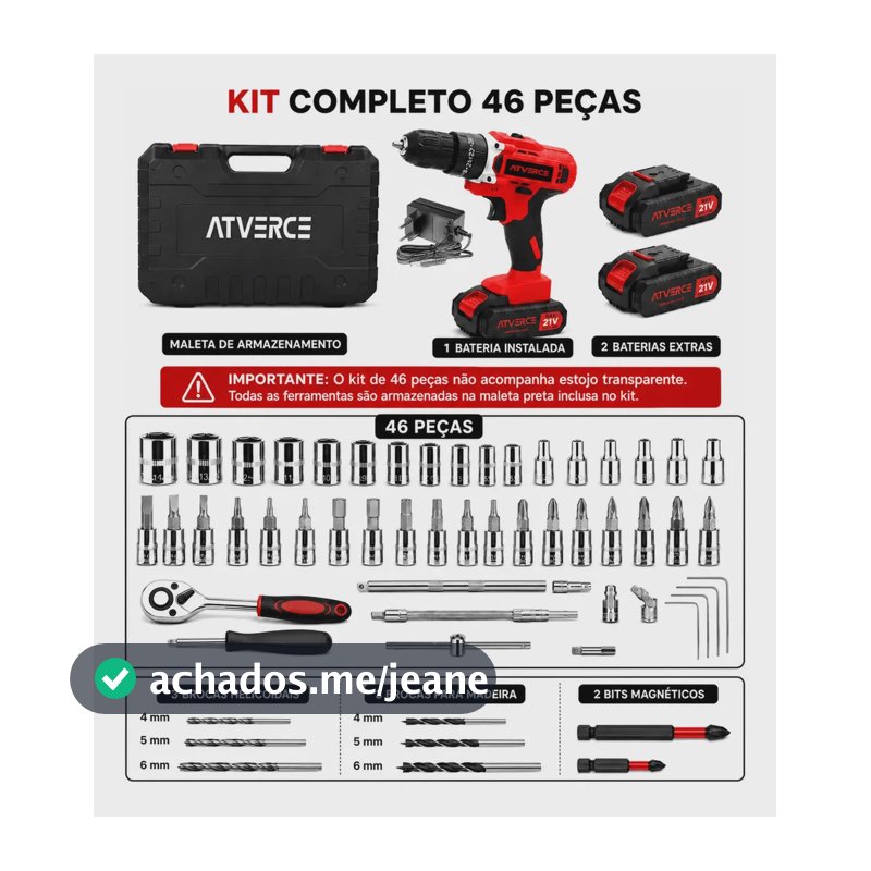 Parafusadeira Furadeira de Impacto Atverce, sem Fio, com 2 Baterias e Kit 46 Peças