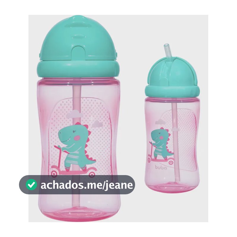 Garrafinha Copo Infantil Com Canudo Dino 400ml Rosa Buba