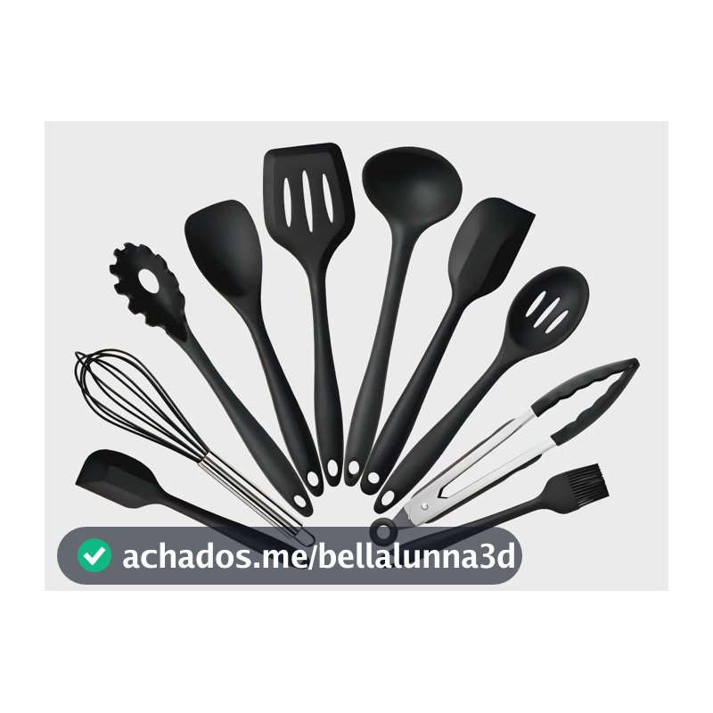 Jogo 10 Colheres de Silicone Cabo Inox Utensílios Cozinha Cor Preto