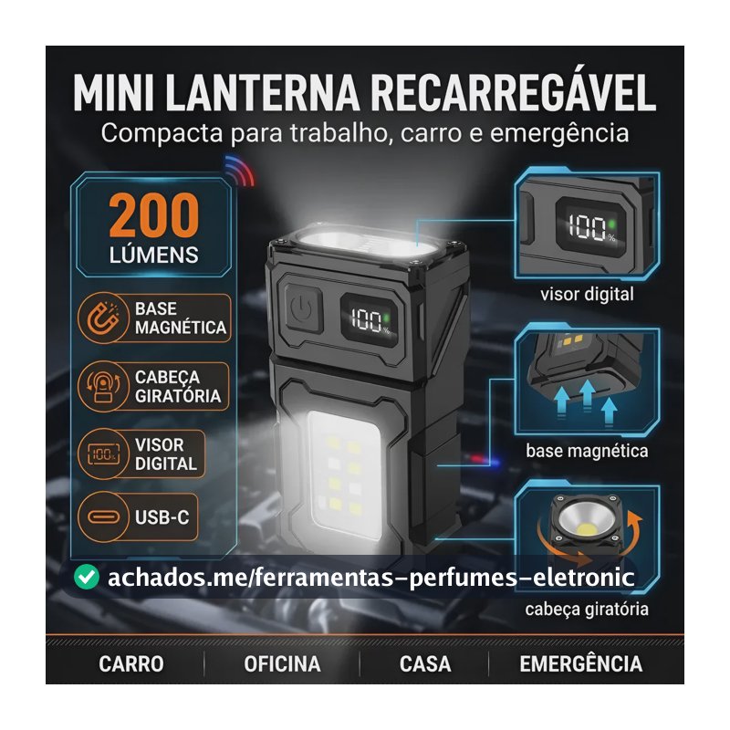 Lanterna Recarregável Portátil Com Clipe E Ímã Visor Digital Branco Preto