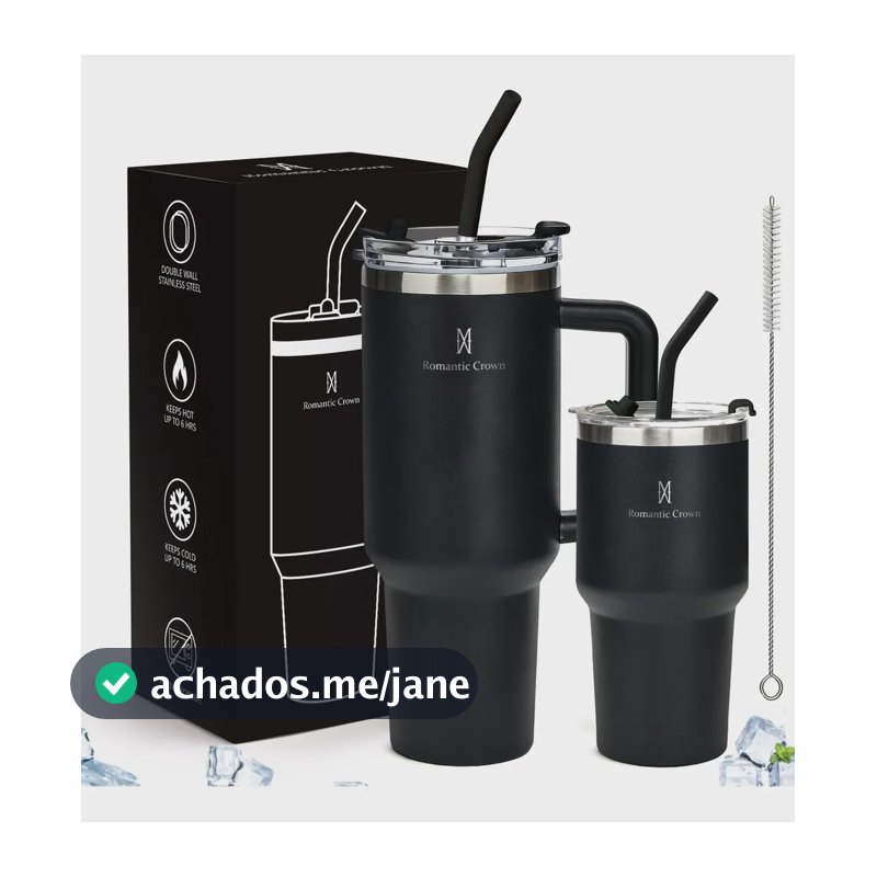 Kit Copo Térmica Inox 1200ml & 600ml Com Tampa E Canudo Preto Cor Pura